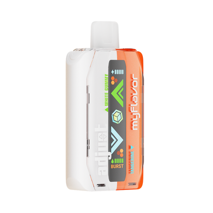 Adjust MyFlavor Tangerine White Gummy vape device with a vibrant orange and white design. Features 6 adjustable flavor profiles, including Tangerine White Gummy, with Burst Mode (up to 20K puffs) and Normal Mode (up to 40K puffs), offering a customizable vaping experience with an interactive screen.