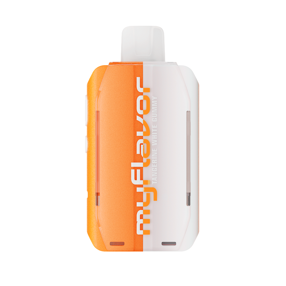 Adjust MyFlavor Tangerine White Gummy vape device with a vibrant orange and white design. Features 6 adjustable flavor profiles, including Tangerine White Gummy, with Burst Mode (up to 20K puffs) and Normal Mode (up to 40K puffs), offering a customizable vaping experience with an interactive screen.