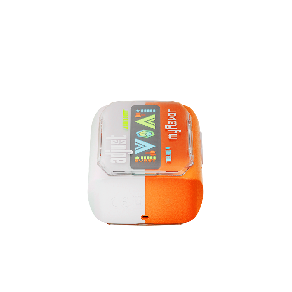 Adjust MyFlavor Tangerine White Gummy vape device with a vibrant orange and white design. Features 6 adjustable flavor profiles, including Tangerine White Gummy, with Burst Mode (up to 20K puffs) and Normal Mode (up to 40K puffs), offering a customizable vaping experience with an interactive screen.