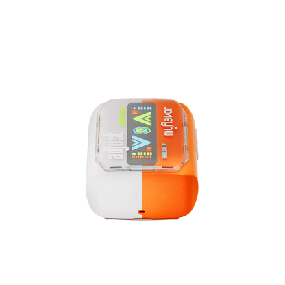 Adjust MyFlavor Tangerine White Gummy vape device with a vibrant orange and white design. Features 6 adjustable flavor profiles, including Tangerine White Gummy, with Burst Mode (up to 20K puffs) and Normal Mode (up to 40K puffs), offering a customizable vaping experience with an interactive screen.