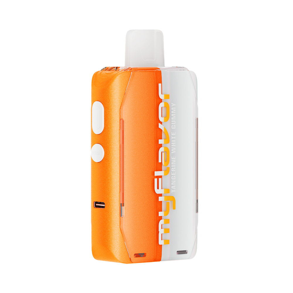 Adjust MyFlavor Tangerine White Gummy vape device with a vibrant orange and white design. Features 6 adjustable flavor profiles, including Tangerine White Gummy, with Burst Mode (up to 20K puffs) and Normal Mode (up to 40K puffs), offering a customizable vaping experience with an interactive screen.