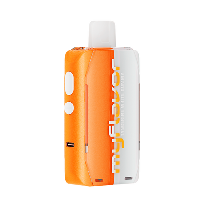 Adjust MyFlavor Tangerine White Gummy vape device with a vibrant orange and white design. Features 6 adjustable flavor profiles, including Tangerine White Gummy, with Burst Mode (up to 20K puffs) and Normal Mode (up to 40K puffs), offering a customizable vaping experience with an interactive screen.