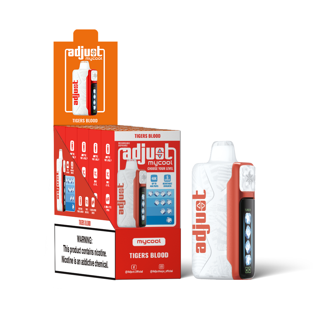 Adjust MyCool Tiger's Blood 40K Puffs Disposable Vape Packaging - Retail display of 5 packs featuring a tropical blend of strawberry, pineapple, and coconut flavors with adjustable ice cooling feature, 5% nicotine strength, vibrant red and white design, and a prominently displayed nicotine warning label.