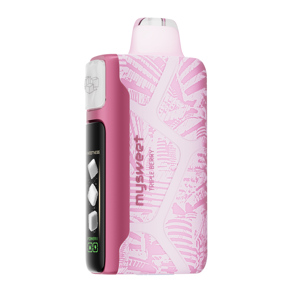 Adjust MySweet Triple Berry Disposable Vape Device - Featuring a sleek pink and white design with intricate patterns, rechargeable functionality, and adjustable sweetness levels for a modern vaping experience.