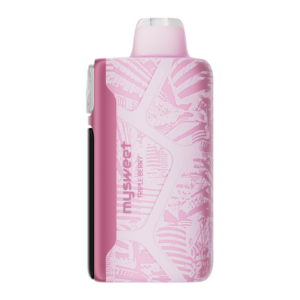 Adjust MySweet Triple Berry Disposable Vape Device - Featuring a sleek pink and white design with intricate patterns, rechargeable functionality, and adjustable sweetness levels for a modern vaping experience.