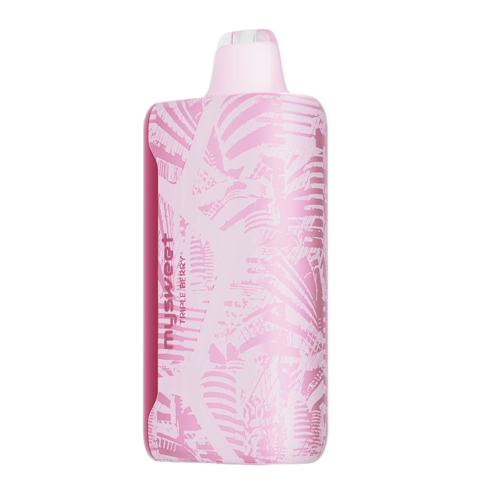 Adjust MySweet Triple Berry Disposable Vape Device - Featuring a sleek pink and white design with intricate patterns, rechargeable functionality, and adjustable sweetness levels for a modern vaping experience.