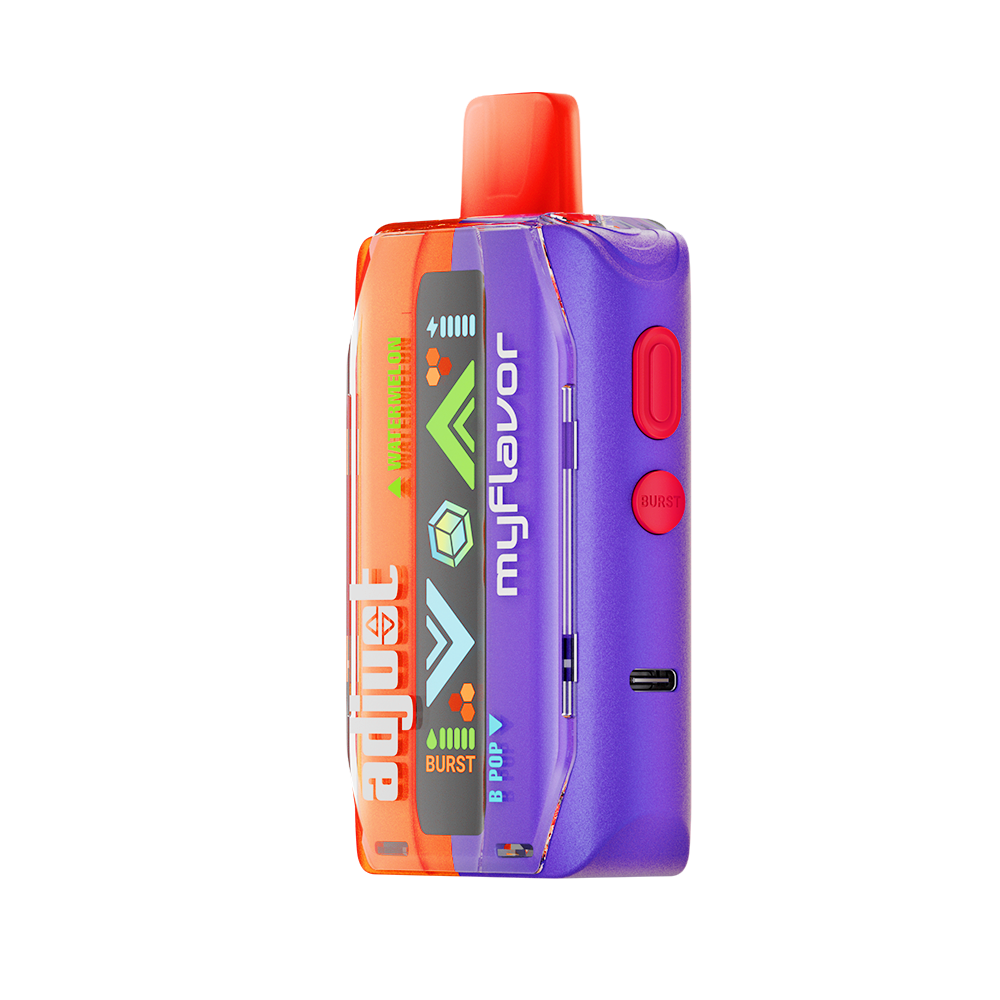 Adjust MyFlavor Watermelon B-Pop vape device featuring a bold red and green design. Offers 6 adjustable flavor profiles, including Watermelon B-Pop, with Burst Mode (up to 20K puffs) and Normal Mode (up to 40K puffs), providing a customizable vaping experience with an interactive screen.