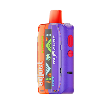 Adjust MyFlavor Watermelon B-Pop vape device featuring a bold red and green design. Offers 6 adjustable flavor profiles, including Watermelon B-Pop, with Burst Mode (up to 20K puffs) and Normal Mode (up to 40K puffs), providing a customizable vaping experience with an interactive screen.