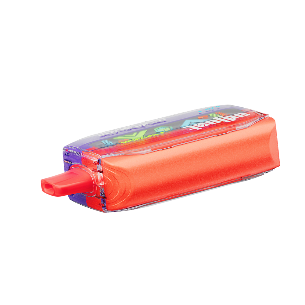 Adjust MyFlavor Watermelon B-Pop vape device featuring a bold red and green design. Offers 6 adjustable flavor profiles, including Watermelon B-Pop, with Burst Mode (up to 20K puffs) and Normal Mode (up to 40K puffs), providing a customizable vaping experience with an interactive screen.