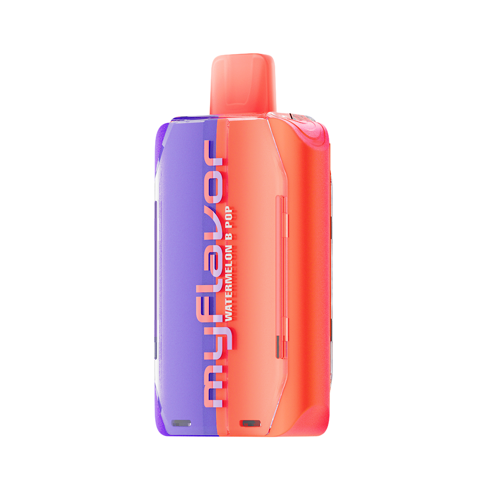 Adjust MyFlavor Watermelon B-Pop vape device featuring a bold red and green design. Offers 6 adjustable flavor profiles, including Watermelon B-Pop, with Burst Mode (up to 20K puffs) and Normal Mode (up to 40K puffs), providing a customizable vaping experience with an interactive screen.