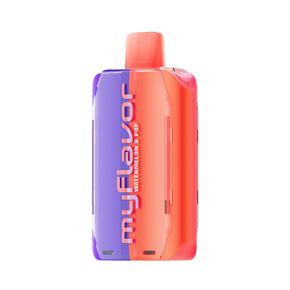 Adjust MyFlavor Watermelon B-Pop vape device featuring a bold red and green design. Offers 6 adjustable flavor profiles, including Watermelon B-Pop, with Burst Mode (up to 20K puffs) and Normal Mode (up to 40K puffs), providing a customizable vaping experience with an interactive screen.