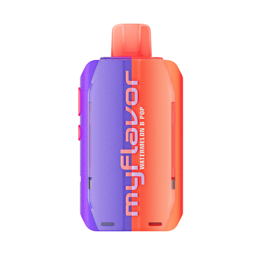 Adjust MyFlavor Watermelon B-Pop vape device featuring a bold red and green design. Offers 6 adjustable flavor profiles, including Watermelon B-Pop, with Burst Mode (up to 20K puffs) and Normal Mode (up to 40K puffs), providing a customizable vaping experience with an interactive screen.