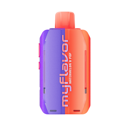 Adjust MyFlavor Watermelon B-Pop vape device featuring a bold red and green design. Offers 6 adjustable flavor profiles, including Watermelon B-Pop, with Burst Mode (up to 20K puffs) and Normal Mode (up to 40K puffs), providing a customizable vaping experience with an interactive screen.