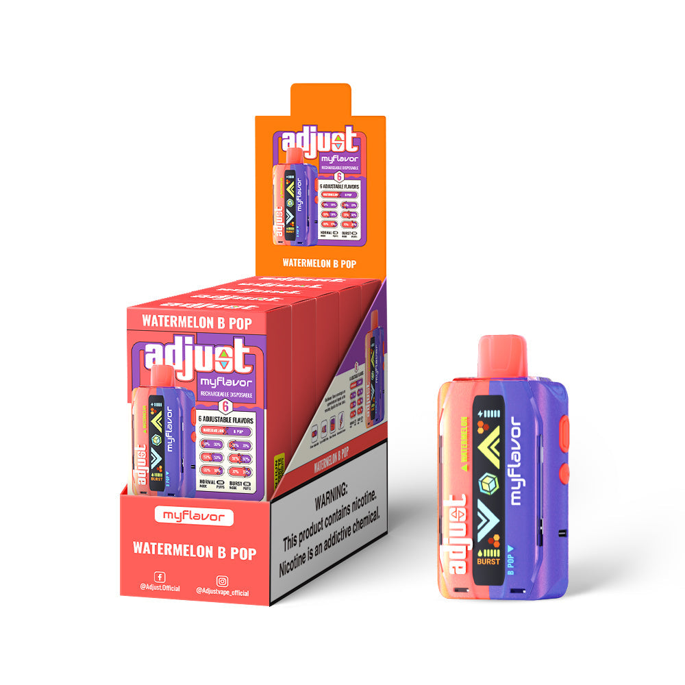 Adjust MyFlavor Watermelon B-Pop 40K Puffs Disposable Vape Packaging - Retail display of 5 packs featuring Watermelon B-Pop-flavored vape with 6 adjustable flavor intensity settings, rechargeable design, 5% nicotine strength, bold red and purple packaging, and a prominently displayed nicotine warning label.