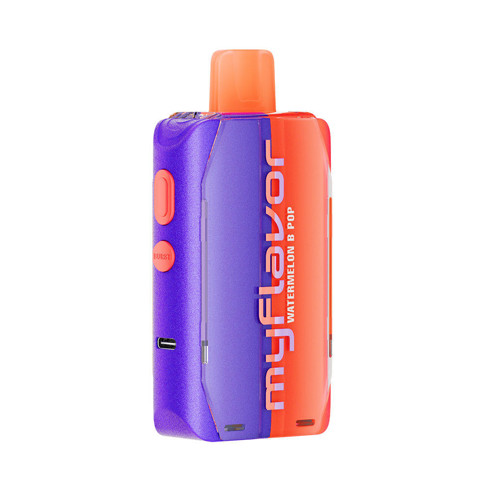 Adjust MyFlavor Watermelon B-Pop vape device featuring a bold red and green design. Offers 6 adjustable flavor profiles, including Watermelon B-Pop, with Burst Mode (up to 20K puffs) and Normal Mode (up to 40K puffs), providing a customizable vaping experience with an interactive screen.