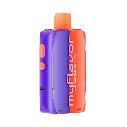 Adjust MyFlavor Watermelon B-Pop vape device featuring a bold red and green design. Offers 6 adjustable flavor profiles, including Watermelon B-Pop, with Burst Mode (up to 20K puffs) and Normal Mode (up to 40K puffs), providing a customizable vaping experience with an interactive screen.