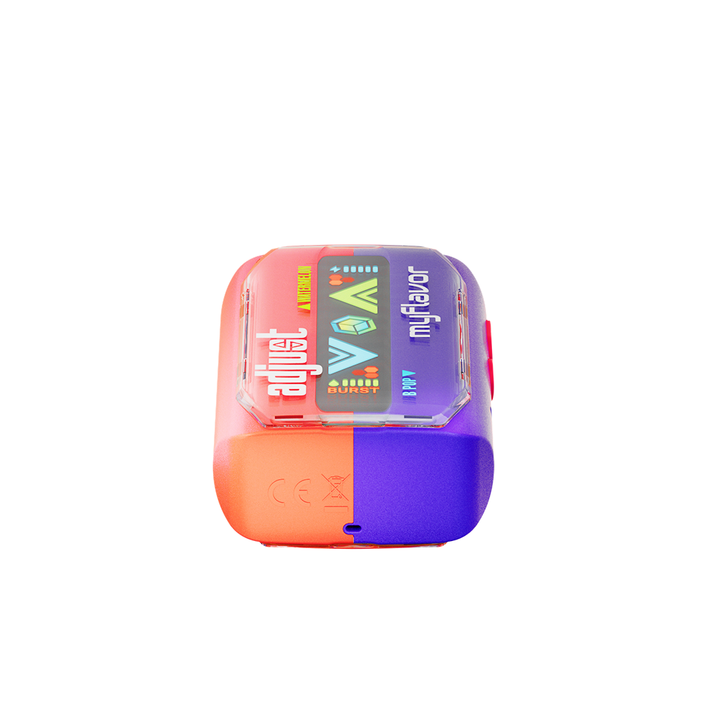 Adjust MyFlavor Watermelon B-Pop vape device featuring a bold red and green design. Offers 6 adjustable flavor profiles, including Watermelon B-Pop, with Burst Mode (up to 20K puffs) and Normal Mode (up to 40K puffs), providing a customizable vaping experience with an interactive screen.