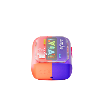 Adjust MyFlavor Watermelon B-Pop vape device featuring a bold red and green design. Offers 6 adjustable flavor profiles, including Watermelon B-Pop, with Burst Mode (up to 20K puffs) and Normal Mode (up to 40K puffs), providing a customizable vaping experience with an interactive screen.