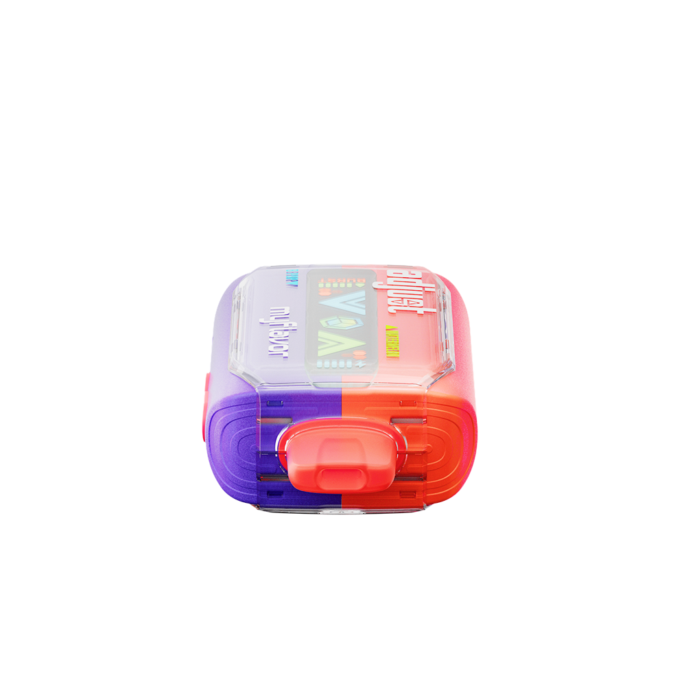 Adjust MyFlavor Watermelon B-Pop vape device featuring a bold red and green design. Offers 6 adjustable flavor profiles, including Watermelon B-Pop, with Burst Mode (up to 20K puffs) and Normal Mode (up to 40K puffs), providing a customizable vaping experience with an interactive screen.