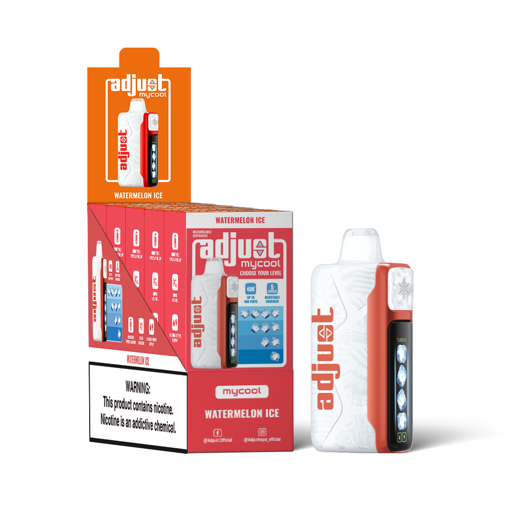 Adjust MyCool Watermelon Ice 40K Puffs Disposable Vape Packaging - Retail display of 5 packs featuring watermelon-flavored vape with adjustable ice cooling feature, 5% nicotine strength, vibrant red and white design, and a prominently displayed nicotine warning label.