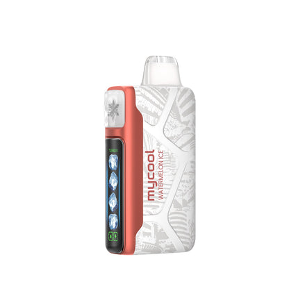 Adjust MyCool Watermelon Ice 40K Puffs Disposable Vape - White and coral-colored device featuring watermelon flavor with adjustable cooling levels, 5% nicotine strength, and a vibrant design, with a clear display of customizable  options.