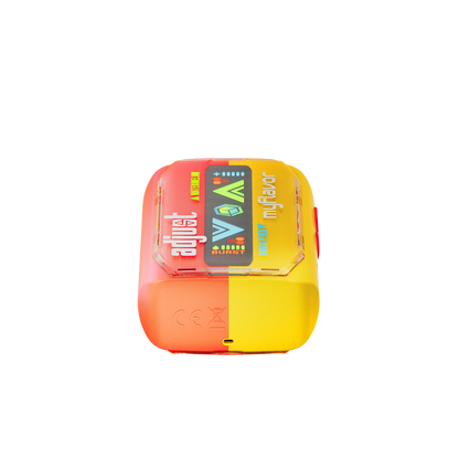 Adjust MyFlavor Watermelon Mango Peach vape device with a vibrant red, orange, and green design. Features 6 adjustable flavor profiles, including Watermelon Mango Peach, with Burst Mode (up to 20K puffs) and Normal Mode (up to 40K puffs), offering a customizable vaping experience with an interactive screen.