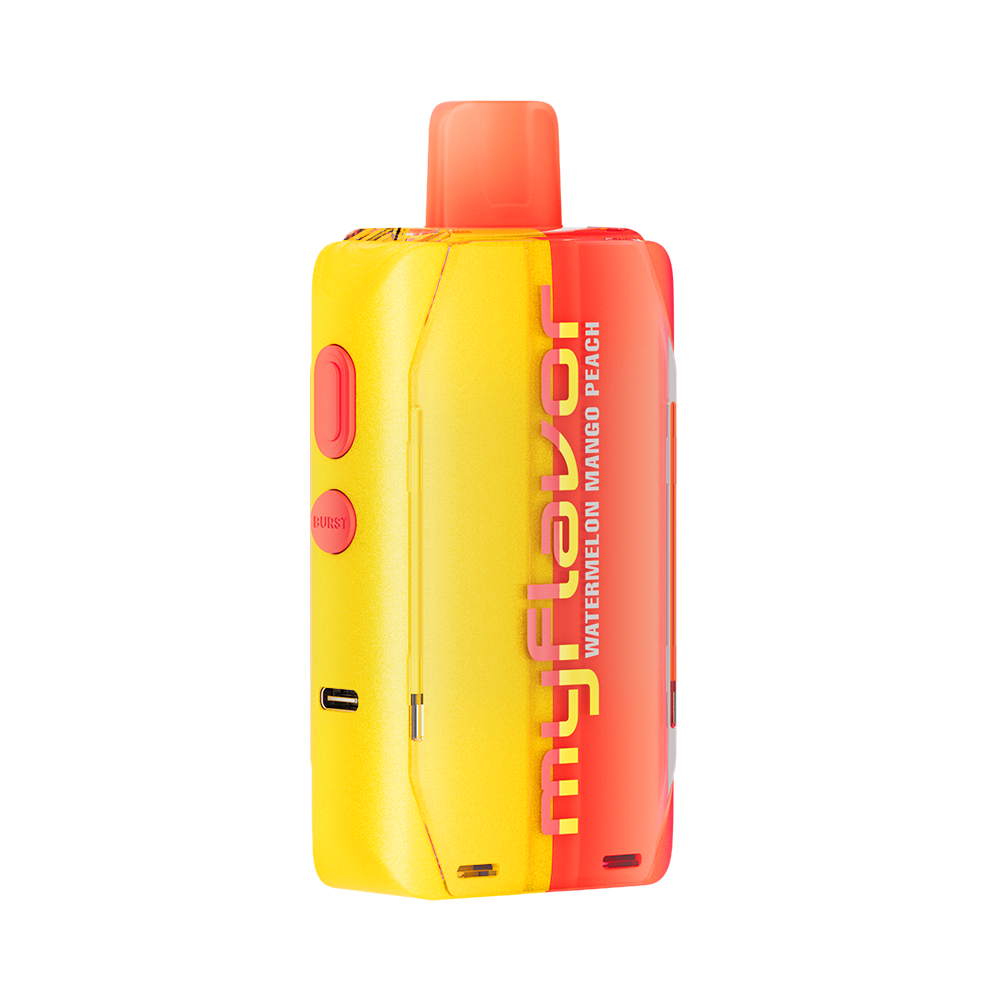 Adjust MyFlavor Watermelon Mango Peach vape device with a vibrant red, orange, and green design. Features 6 adjustable flavor profiles, including Watermelon Mango Peach, with Burst Mode (up to 20K puffs) and Normal Mode (up to 40K puffs), offering a customizable vaping experience with an interactive screen.