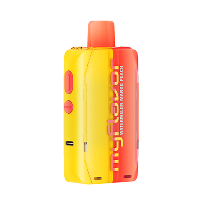 Adjust MyFlavor Watermelon Mango Peach vape device with a vibrant red, orange, and green design. Features 6 adjustable flavor profiles, including Watermelon Mango Peach, with Burst Mode (up to 20K puffs) and Normal Mode (up to 40K puffs), offering a customizable vaping experience with an interactive screen.
