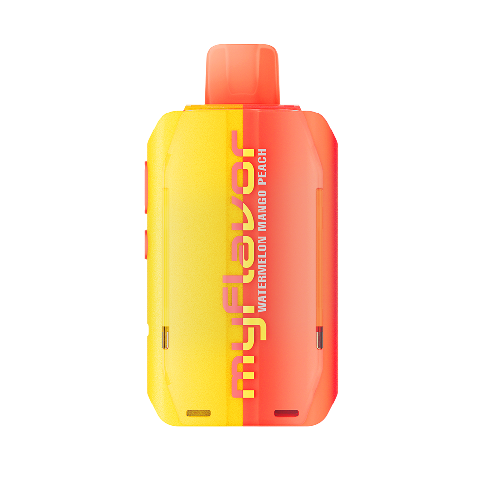Adjust MyFlavor Watermelon Mango Peach vape device with a vibrant red, orange, and green design. Features 6 adjustable flavor profiles, including Watermelon Mango Peach, with Burst Mode (up to 20K puffs) and Normal Mode (up to 40K puffs), offering a customizable vaping experience with an interactive screen.