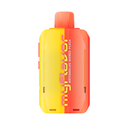 Adjust MyFlavor Watermelon Mango Peach vape device with a vibrant red, orange, and green design. Features 6 adjustable flavor profiles, including Watermelon Mango Peach, with Burst Mode (up to 20K puffs) and Normal Mode (up to 40K puffs), offering a customizable vaping experience with an interactive screen.