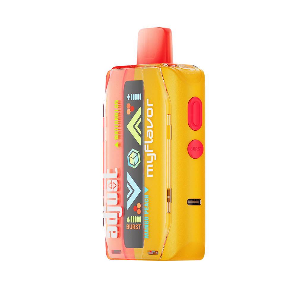 Adjust MyFlavor Watermelon Mango Peach vape device with a vibrant red, orange, and green design. Features 6 adjustable flavor profiles, including Watermelon Mango Peach, with Burst Mode (up to 20K puffs) and Normal Mode (up to 40K puffs), offering a customizable vaping experience with an interactive screen.