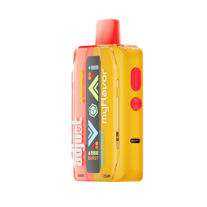 Adjust MyFlavor Watermelon Mango Peach vape device with a vibrant red, orange, and green design. Features 6 adjustable flavor profiles, including Watermelon Mango Peach, with Burst Mode (up to 20K puffs) and Normal Mode (up to 40K puffs), offering a customizable vaping experience with an interactive screen.