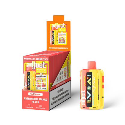 Adjust MyFlavor Watermelon Mango Peach 40K Puffs Disposable Vape Packaging - Retail display of 5 packs featuring Watermelon Mango Peach-flavored vape with 6 adjustable flavor intensity settings, rechargeable design, 5% nicotine strength, bold red and yellow packaging, and a prominently displayed nicotine warning label.