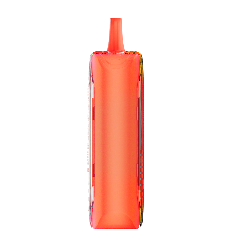 Adjust MyFlavor Watermelon Mango Peach vape device with a vibrant red, orange, and green design. Features 6 adjustable flavor profiles, including Watermelon Mango Peach, with Burst Mode (up to 20K puffs) and Normal Mode (up to 40K puffs), offering a customizable vaping experience with an interactive screen.