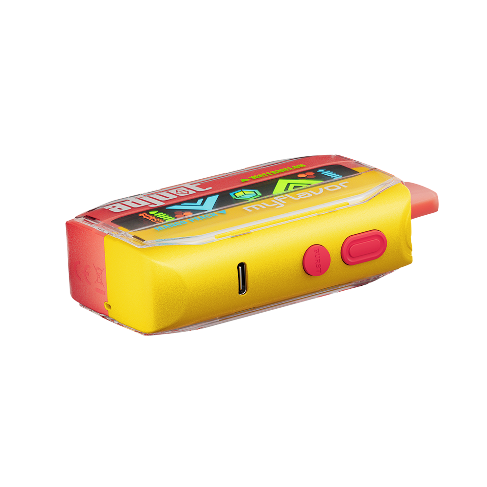 Adjust MyFlavor Watermelon Mango Peach vape device with a vibrant red, orange, and green design. Features 6 adjustable flavor profiles, including Watermelon Mango Peach, with Burst Mode (up to 20K puffs) and Normal Mode (up to 40K puffs), offering a customizable vaping experience with an interactive screen.