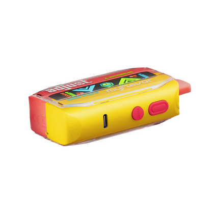 Adjust MyFlavor Watermelon Mango Peach vape device with a vibrant red, orange, and green design. Features 6 adjustable flavor profiles, including Watermelon Mango Peach, with Burst Mode (up to 20K puffs) and Normal Mode (up to 40K puffs), offering a customizable vaping experience with an interactive screen.