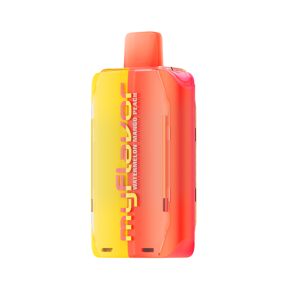 Adjust MyFlavor Watermelon Mango Peach vape device with a vibrant red, orange, and green design. Features 6 adjustable flavor profiles, including Watermelon Mango Peach, with Burst Mode (up to 20K puffs) and Normal Mode (up to 40K puffs), offering a customizable vaping experience with an interactive screen.