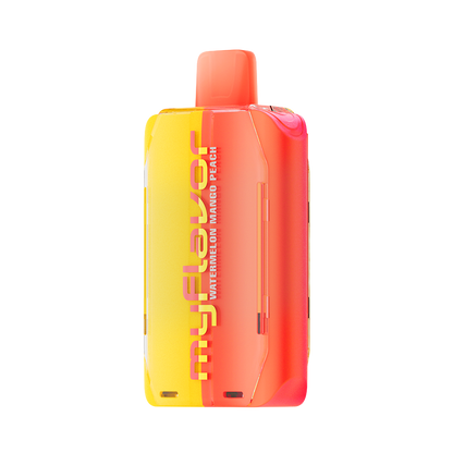 Adjust MyFlavor Watermelon Mango Peach vape device with a vibrant red, orange, and green design. Features 6 adjustable flavor profiles, including Watermelon Mango Peach, with Burst Mode (up to 20K puffs) and Normal Mode (up to 40K puffs), offering a customizable vaping experience with an interactive screen.