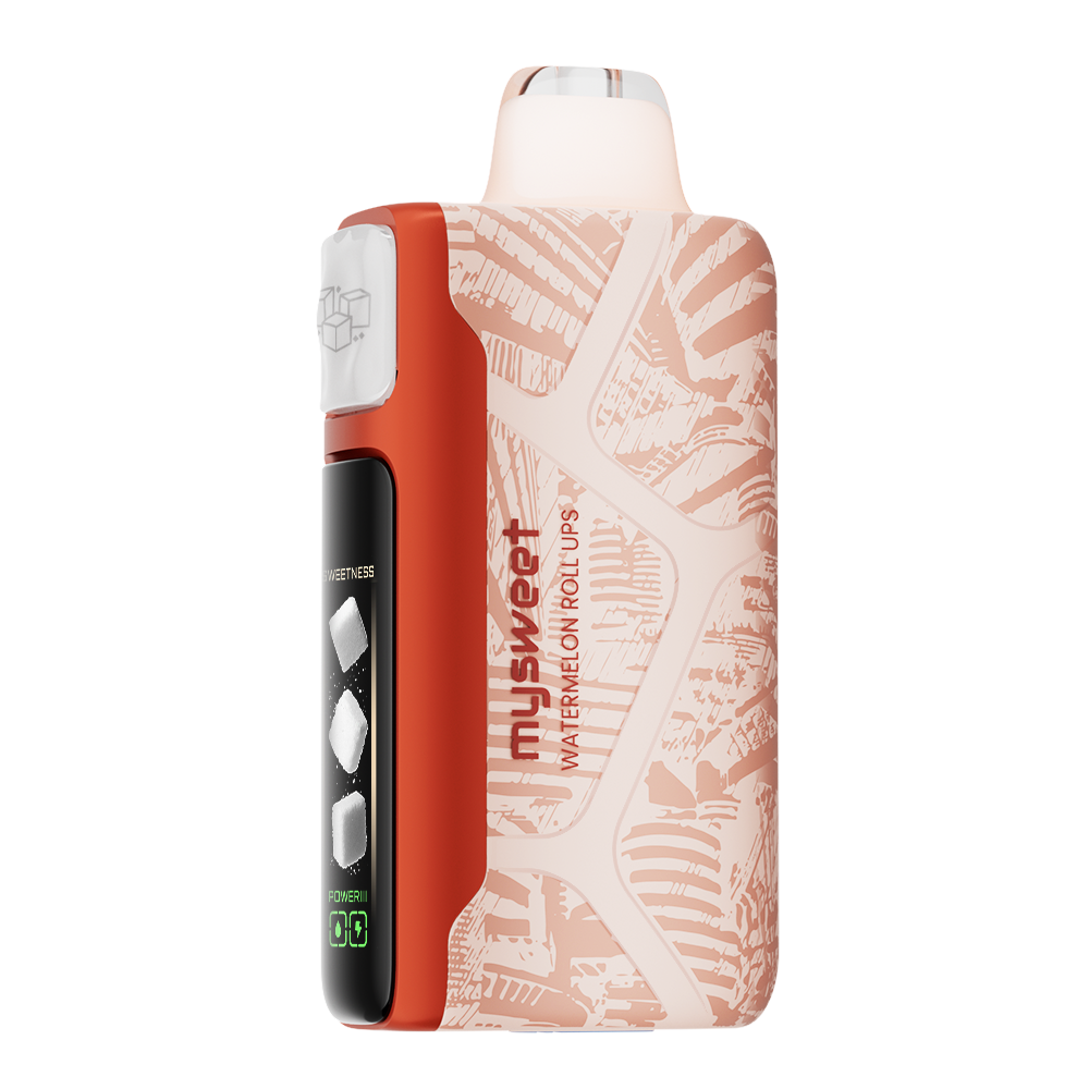 Adjust MySweet Disposable Vape Device in Red and White - Featuring a sleek rechargeable design with adjustable sweetness levels displayed on an interactive screen, offering a modern vaping experience.