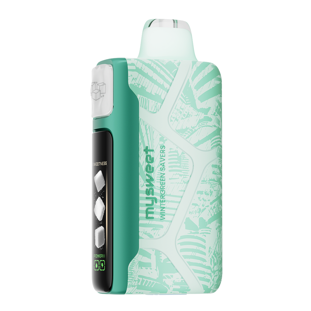 Adjust MySweet Wintergreen Savers Disposable Vape Device - Featuring a sleek teal design with intricate white patterns, showcasing a modern and compact rechargeable vaping device.
