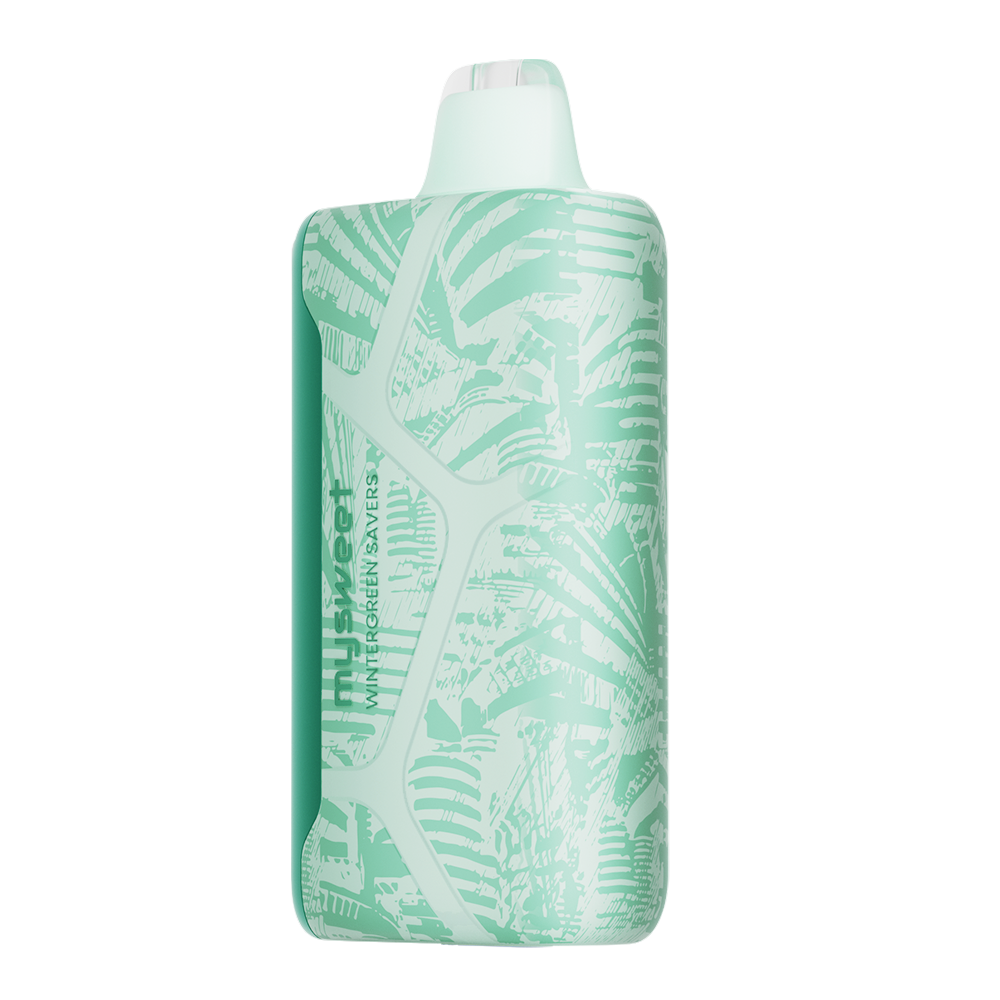 Adjust MySweet Wintergreen Savers Disposable Vape Device - Featuring a sleek teal design with intricate white patterns, showcasing a modern and compact rechargeable vaping device.